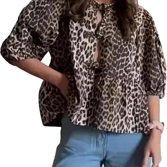 Tie Front Leopard Print Babydoll Top - Picture 1 of 6
